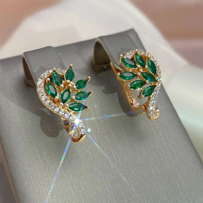 Gold Tone Green Leaf Ear Climbers with Pink Crystal Drops