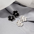 Black Green Enamel Flower Stud Earrings Silver Rim Center view 4