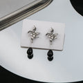 Silver Sculptural Flower Black Teardrop Dangle Earrings view 3