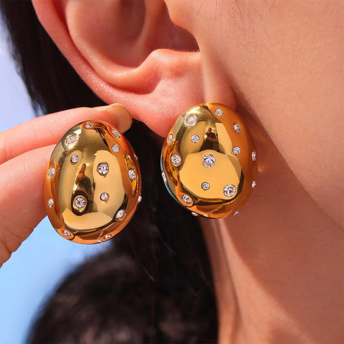 Egg Shape Czech Crystal Dome Stud Earrings Gold Steel