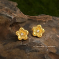 Gold Brushed Five Petal Flower Stud Earrings Clear Center view 1