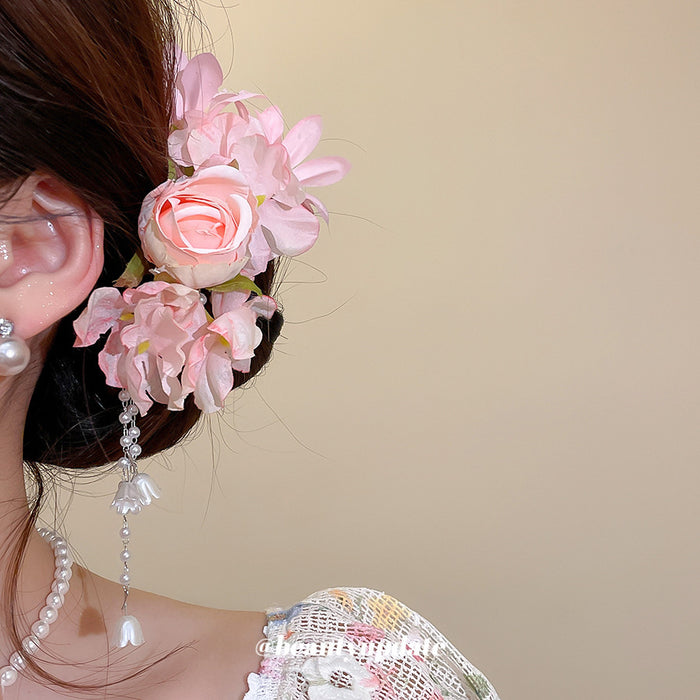 Fabric Flower Pearl Tassel Duckbill Hair Clips Pink Purple