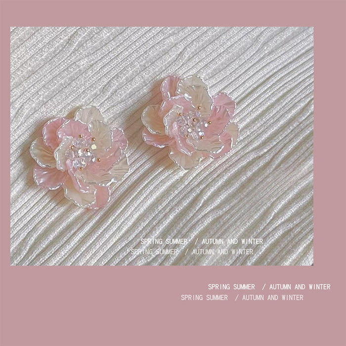 Pink Layered Shell Flower And Clear Stone Center Stud Earrings