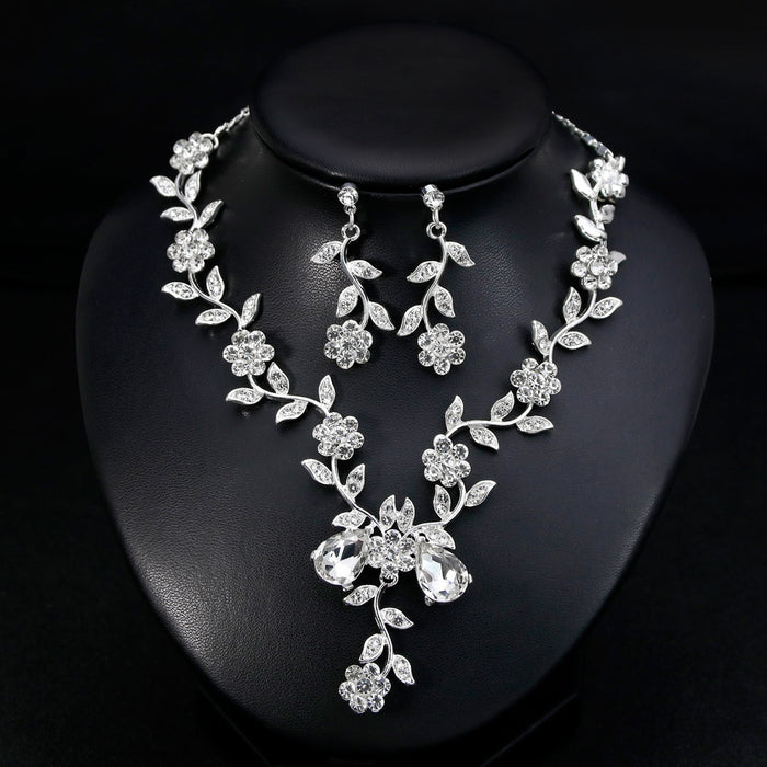 Black Silver Tone Floral Branch Crystal Pearl Look Five Designs Metal Necklace