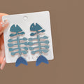 Blue Articulated Fish Skeleton Novelty Drop Earrings view 2
