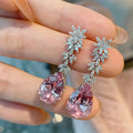 White Gold Floral Pink Pear Drop Dangle Earrings Metal view 2
