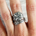 Antique Silver Embossed Hibiscus Open Wrap Ring Floral Alloy view 3