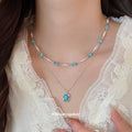 Blue Beaded Layered Necklace Set with Square Pendant view 1