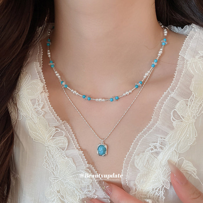 Blue Beaded Layered Necklace Set with Square Pendant