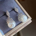 White Gold Faux Pearl Leaf Drop Earrings Clear Pavé view 3