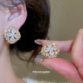 Gold Tone Round Crystal Cluster Stud Earrings With Floral Pattern view 3