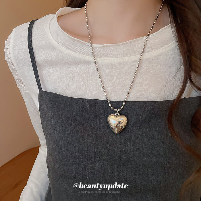 Silver Mirror Puffy Heart Pendant Ball Chain Necklace