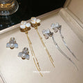 Flower Pearl Long Chain Ear Clips in Three Metallic Styles view 2