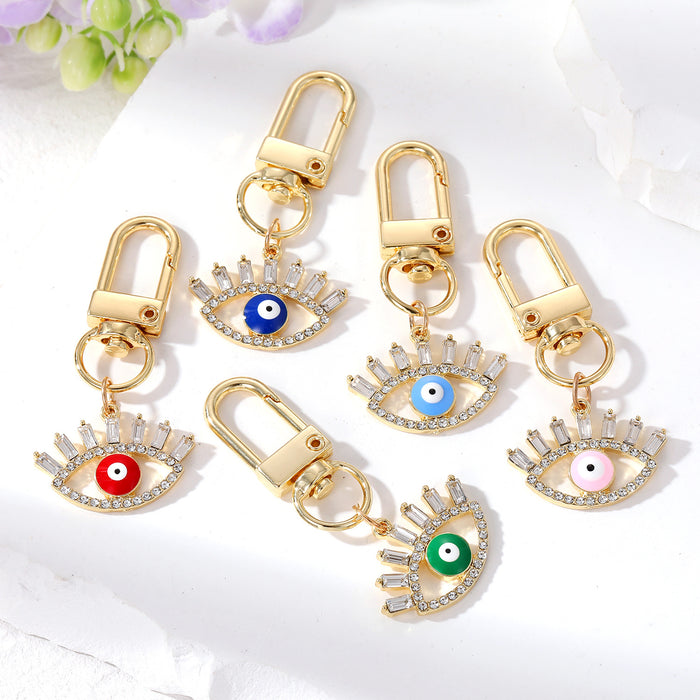 Gold Tone Crystal Lash Enamel Evil Eye Clip Keychains in Five Colors