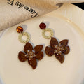Brown Iridescent Flower Gold Ring Statement Earrings view 4