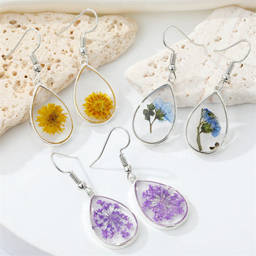 Silver Tone Clear Resin Pressed Flower Teardrop Hook Earrings