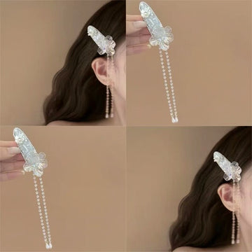 White Rhinestone Crystal Flower Duckbill Clip With Bead Tassels