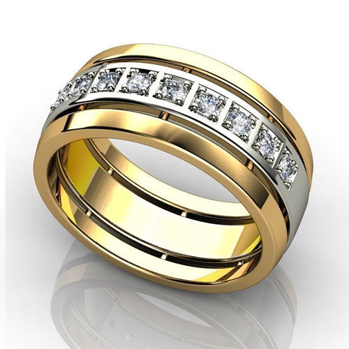 Second product view showing gold and silver-tone square clear-stone channel wide band ring