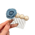 Pearl Fabric Rose Multi Prong Hair Comb Pins Blue White view 5