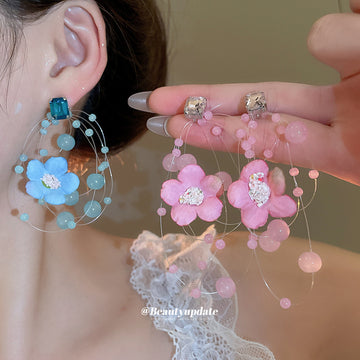 Floral Wire Hoop Earrings with Beaded Sprays in Two Colors