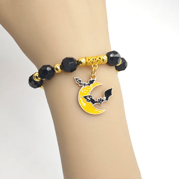 Black Bead Moon Bat Charm Stretch Bracelet Gold Accents