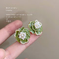 Green Cream Enamel Camellia Pearl Stud Earrings Pair view 6