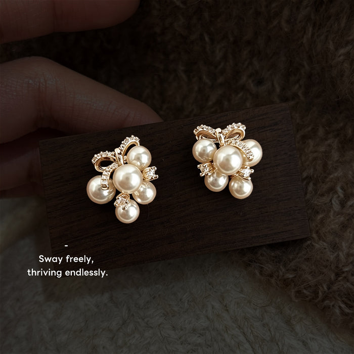Rose Gold Tone Pearl Clear Stone Butterfly Cluster Stud Earrings