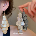 Layered Sequin Leaf Drop Earrings in Silver Black and Gold Tones view 1