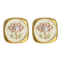 Gold Square Flower Pearl Stud Earrings Matte White Green view 5