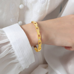 Gold Geometric Cutout Clasp Bangle Clear Zircon Accents