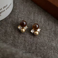 Gold Brown Tiger Eye Pearl Clear Crystal Cluster Stud Earrings view 3
