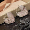 Silver Tone Puffed Heart Drop Earrings with Clear Stones view 3