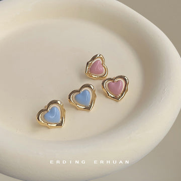 Gold-Tone Pink Enamel Heart Frame Stud Earrings Pair