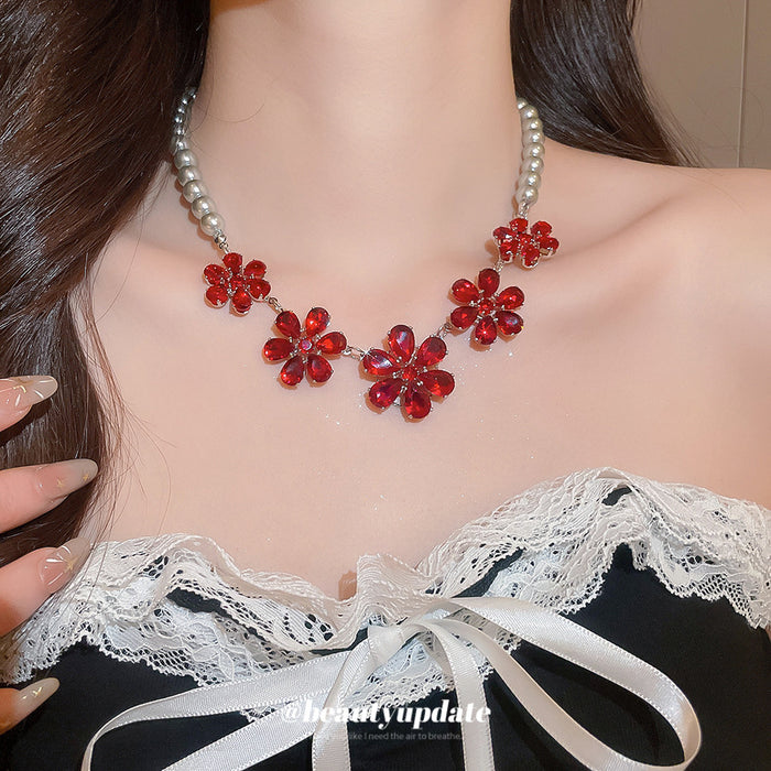 Red Crystal Flower Pearl Necklace Statement Jewelry