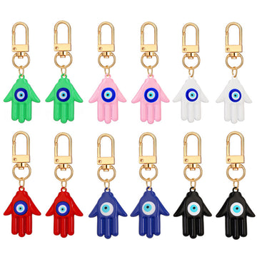 Twelve Piece Gold Tone Colorful Hamsa Evil Eye Clip Keychain Set