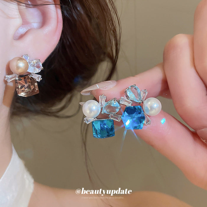 Blue and Brown Crystal Pearl Cluster Stud Earrings