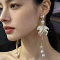 White Petal Cluster Pearl Look Long Tassel Stud Earrings view 1