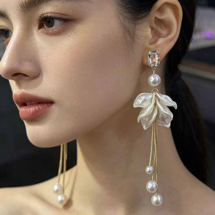 White Petal Cluster Pearl Look Long Tassel Stud Earrings
