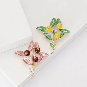 Enamel Leaf Branch Brooch with Crystal Fruit in Two Colors