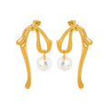 Abstract Wave Drop Earrings With White Glass Pearl Bead view 5