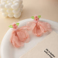 Pink Sheer Flower and Green Leaf Beaded Stud Earrings view 4