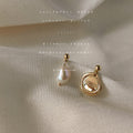 Gold Tone Coin Medallion And Irregular Pearl Asymmetric Stud Earrings view 1