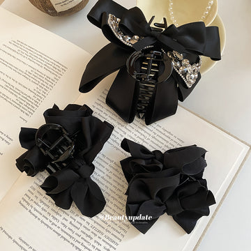 Black Satin Rhinestone Bow Large Hair Claw Clip Style