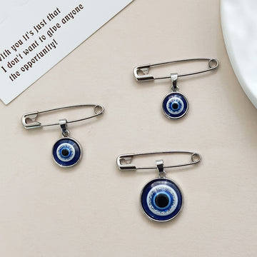 Silver Tone Blue Evil Eye Safety Pin Brooches in Three Sizes