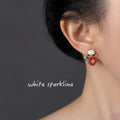 White Pearl Like Top Red Flower Green Leaf Stud Earrings view 2