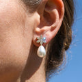 Gold Pave Flower Stud Teardrop Pearl Drop Earrings view 2