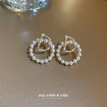 Pearl Trim Letter D Gold Tone Statement Hoop Stud Earrings view 4