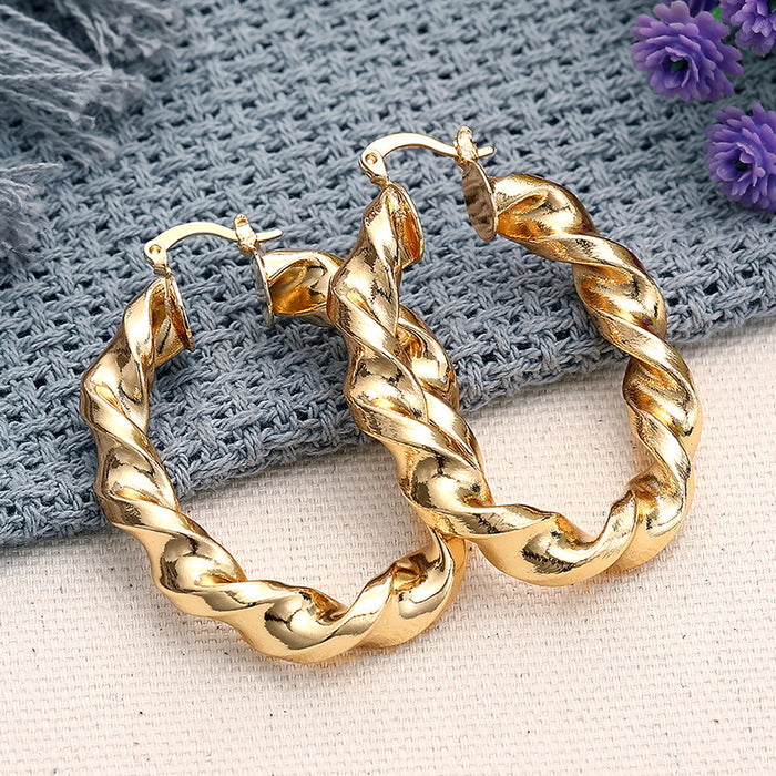 Gold Tone Twisted Rope Hoop Earrings Polished Statement Fashion Jewelry
