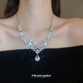Silver Tone Floral Leaf V Crystal Necklace And Teardrop Earring Set view 4