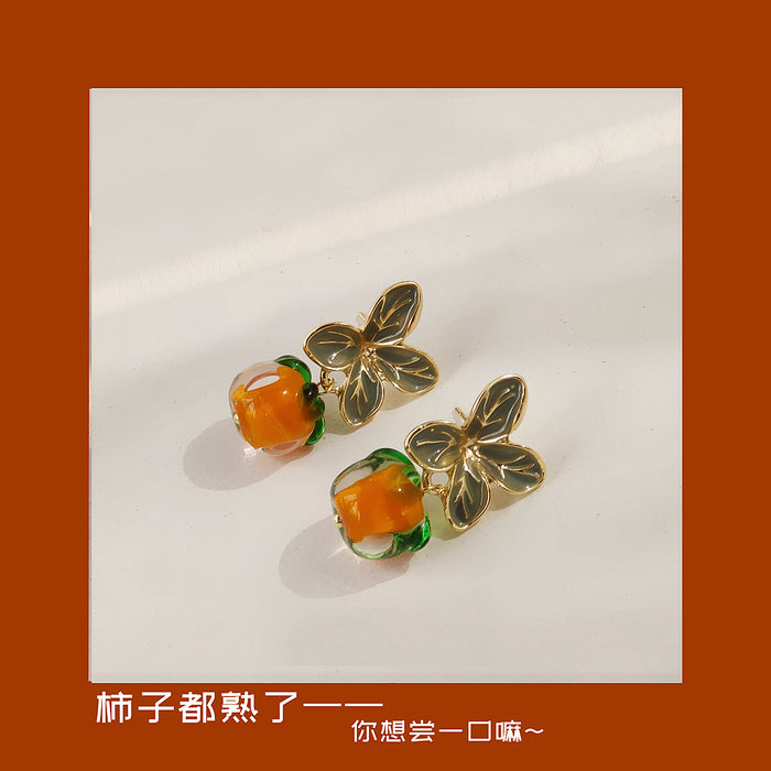 Gold Leaf Stud Glass Persimmon Drop Earrings Orange